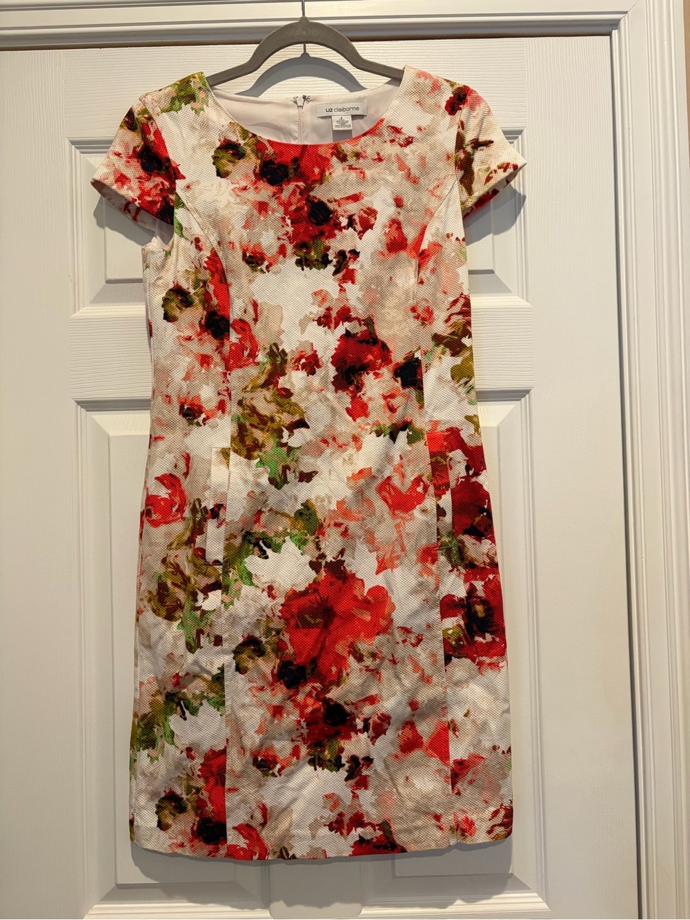 Liz Claiborne White Floral Sheath Dress with Red & Green Print